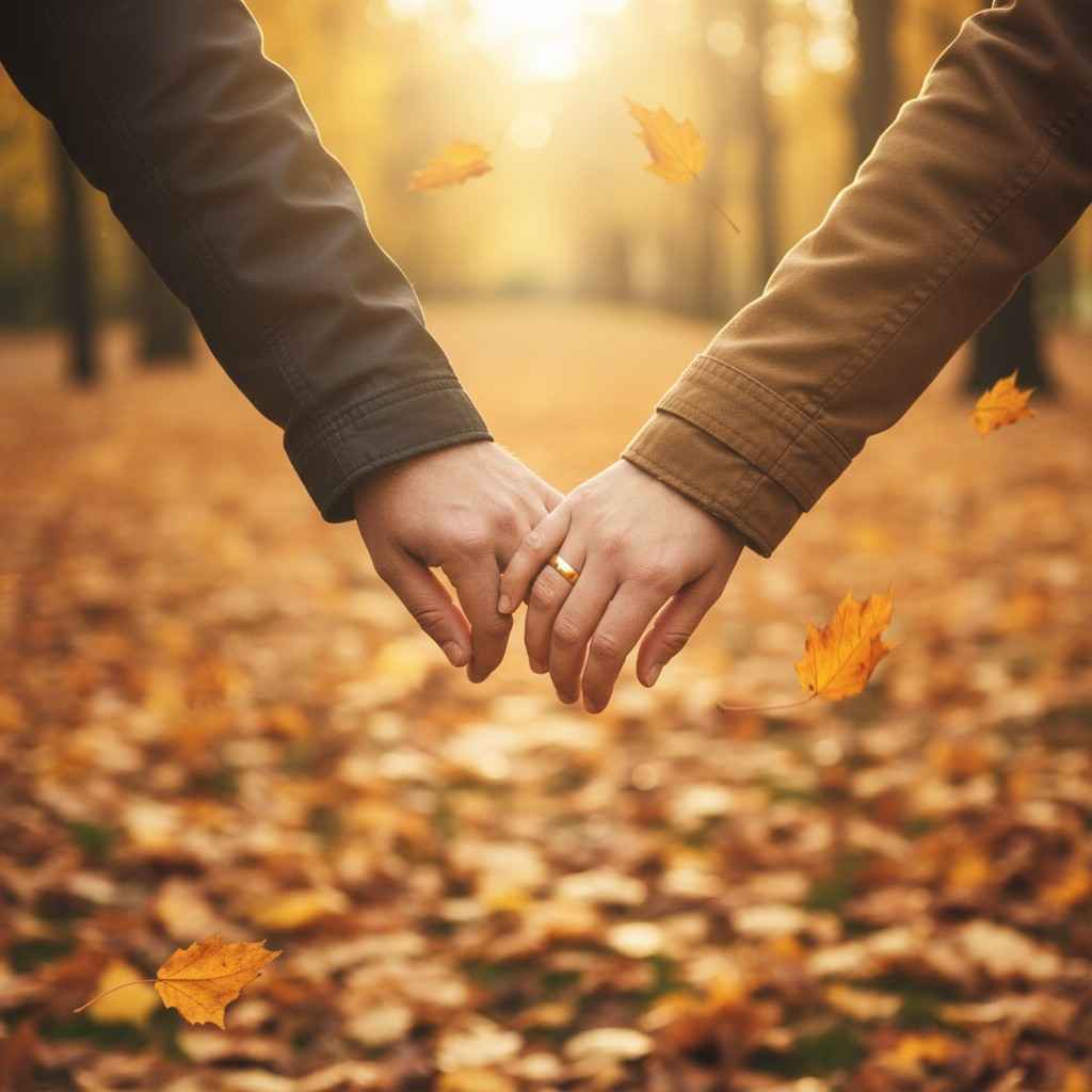 A close-up of a married couple’s hands intertwined while walking through a park, highlighting gold wedding bands and a timeless bond.