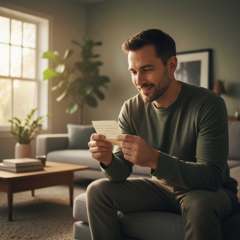 Close-up of a smiling man sitting in a sunlit living room reading a handwritten love note from his spouse.
