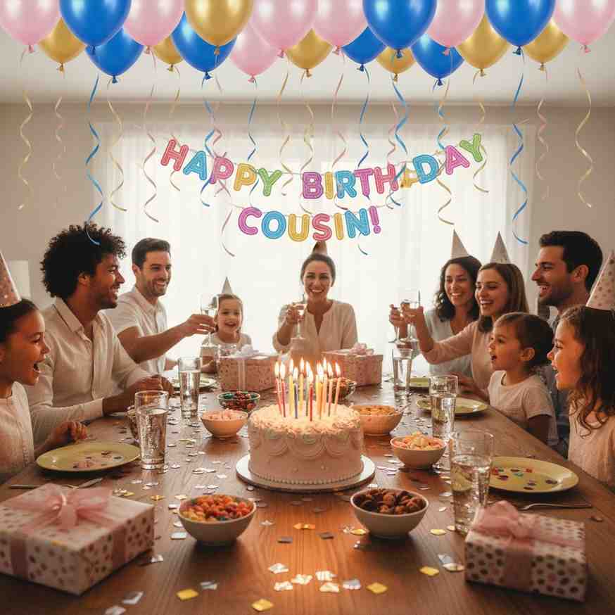 A diverse cousin sister and friends celebrating a birthday around a candle-lit cake, surrounded by balloons, gifts, and a festive banner, conveying joy and togetherness.